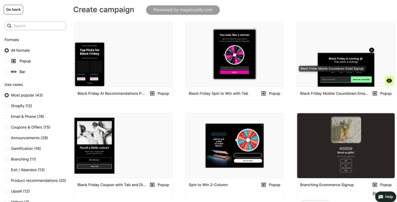 Wisepops create campaign screen with popup and bar formats, use cases such as email and phone, coupons, gamification and product recommendations, and Black Friday templates