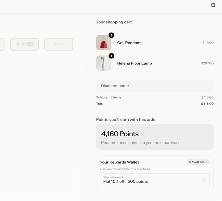 Checkout summary showing 4,160 points to earn on a $416 order and a rewards wallet with Flat 10% off for 500 points chosen