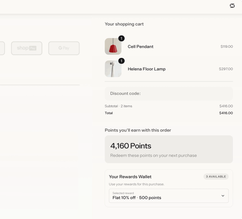 Checkout summary showing 4,160 points to earn on a $416 order and a rewards wallet with Flat 10% off for 500 points chosen