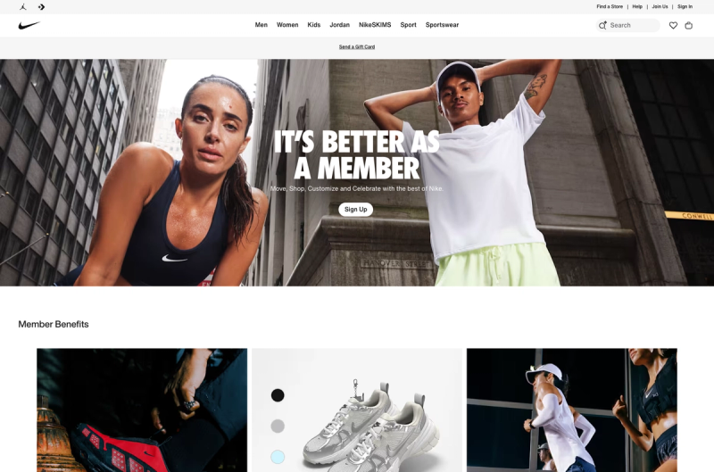 Nike Membership page with the headline It's better as a member, Sign Up button and Member Benefits section