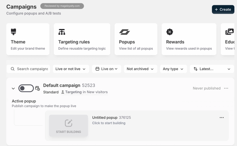 Alia campaigns page with shortcuts to theme, targeting rules, popups, rewards and education, and a default campaign for new visitors