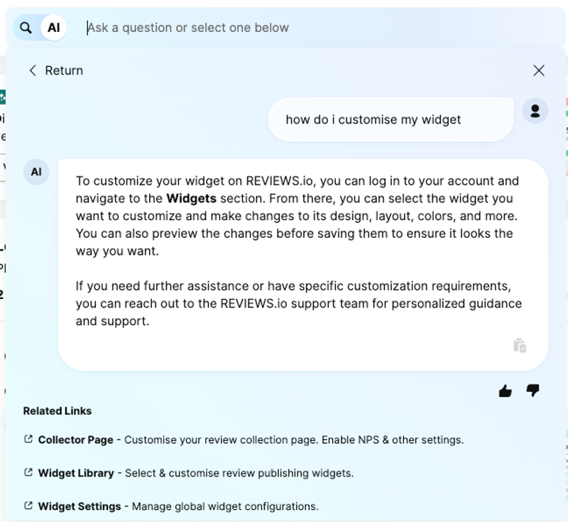 REVIEWS.io built-in AI assistant answering how to customise a widget, with links to the collector page, widget library and widget settings