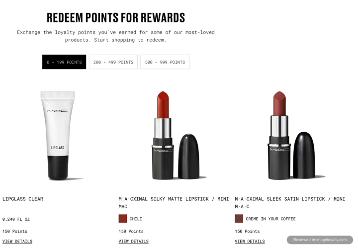 Redeem points for rewards: tabs for 0 to 199, 200 to 499 and 500 to 999 points, with Lipglass Clear and two mini lipsticks at 150 points each