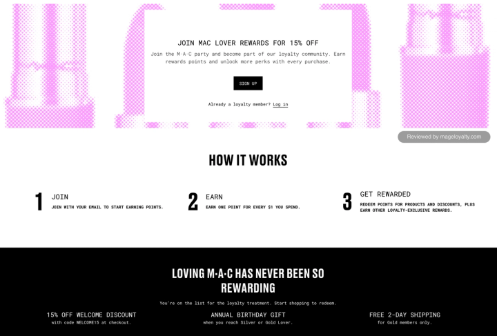 M·A·C Lover Rewards page: join for 15% off, how it works in three steps (join, earn one point for every $1, get rewarded) and the welcome discount, birthday gift and free 2-day shipping highlights