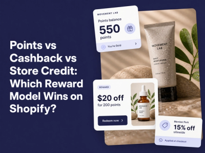 Minimalist landscape with article title "Points vs Cashback vs Store Credit: Which Reward Model Wins on Shopify?" displayed a