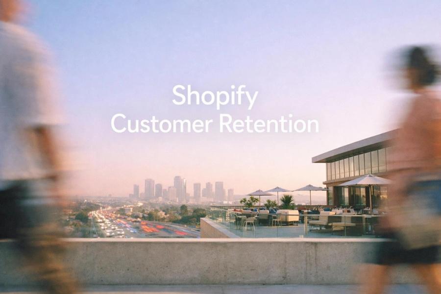 White text reading "Shopify Customer Retention" over a rooftop terrace overlooking a city skyline at dusk