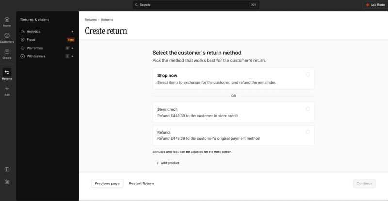 Redo's return method step offering Shop now, store credit or a refund to the original payment method, with bonuses and fees adjusted on the next screen