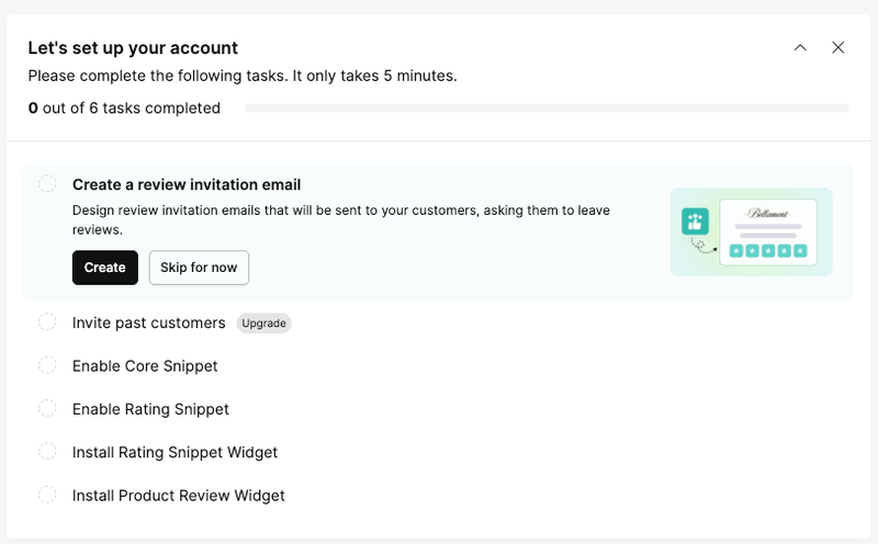 REVIEWS.io setup checklist with tasks for the review invitation email, inviting past customers, core snippet, rating snippet and review widgets