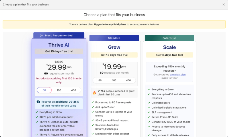 Return Prime's plan picker comparing Thrive AI from $29.99 a month, Grow from $19.99 a month and Scale for over 450 requests, each with a 15-day free trial