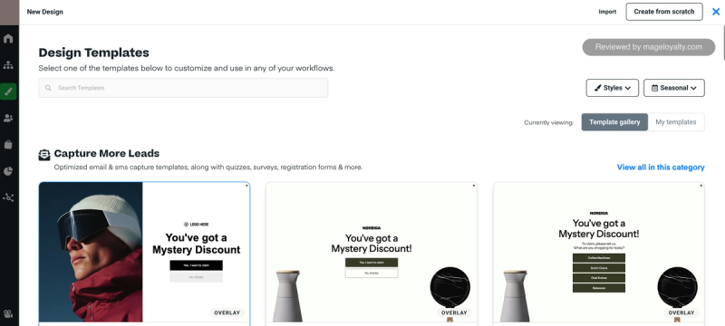 Justuno design templates for capturing more leads, including full-screen and click-to-claim mystery discount popups