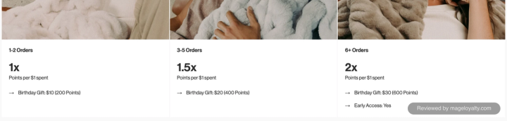 Lola VIP tiers: 1 to 2 orders at 1x points per $1 with a $10 (200 points) birthday gift, 3 to 5 orders at 1.5x with a $20 (400 points) birthday gift, and 6 or more orders at 2x with a $30 (600 points) birthday gift and early access