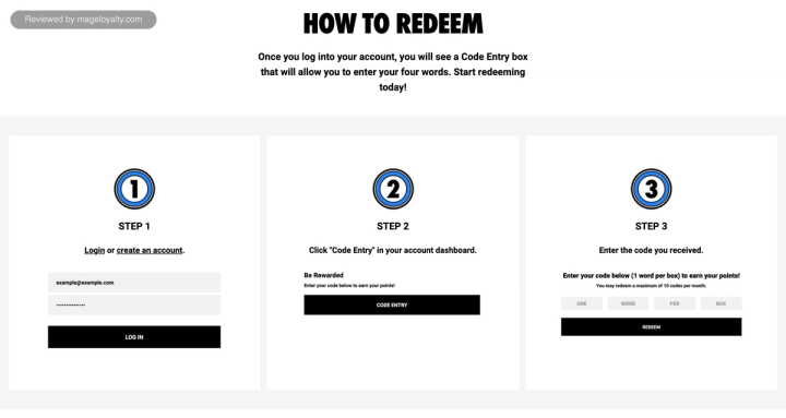GHOST loyalty page How to Redeem steps: log in or create an account, click Code Entry in the account dashboard, then enter the four-word code with a limit of 10 codes per month