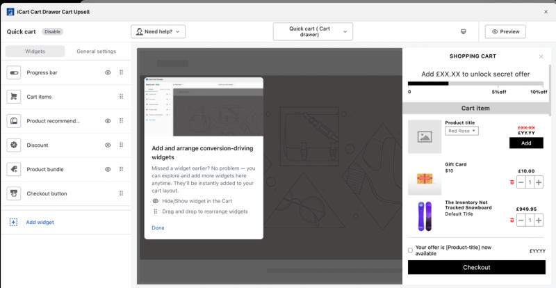 iCart full-screen editor with a list of cart widgets that can be shown, hidden and reordered, beside a preview of the cart drawer with a discount progress bar and cart items