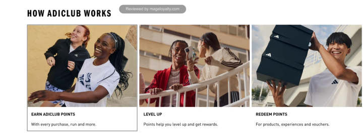 How adiClub works: earn adiClub points with every purchase, run and more, level up as points help you level up and get rewards, redeem points for products, experiences and vouchers