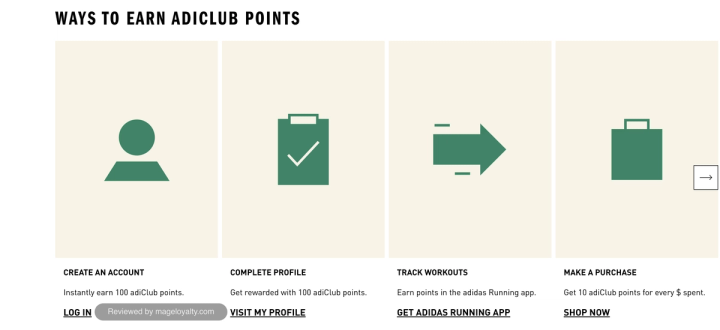 Ways to earn adiClub points: create an account for 100 points, complete your profile for 100 points, track workouts in the adidas Running app, and 10 points for every dollar spent