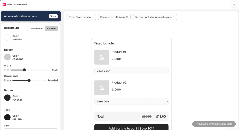 Fast Bundle widget designer with background, border, corner style, button and text settings beside a preview of a fixed bundle with an Add bundle to cart button