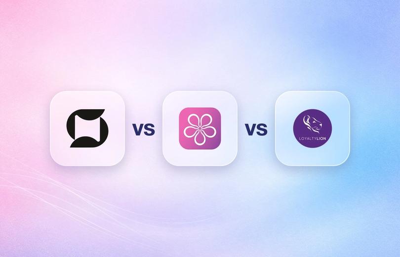 Mage, BON Loyalty and LoyaltyLion logos on frosted glass tiles comparing the Shopify loyalty apps