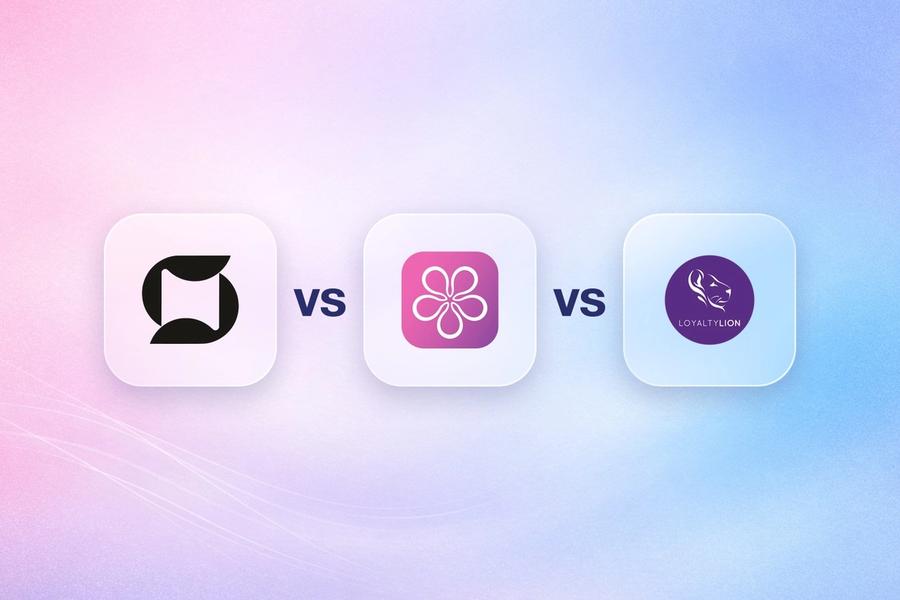 Mage, BON Loyalty and LoyaltyLion logos on frosted glass tiles comparing the Shopify loyalty apps