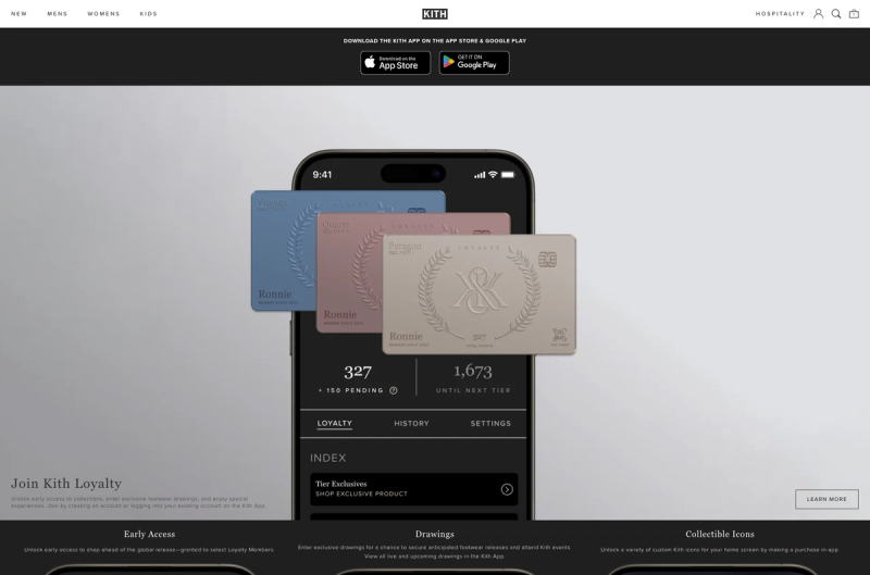 Kith Loyalty page showing the Kith app with tiered member cards, points balance and Join Kith Loyalty copy