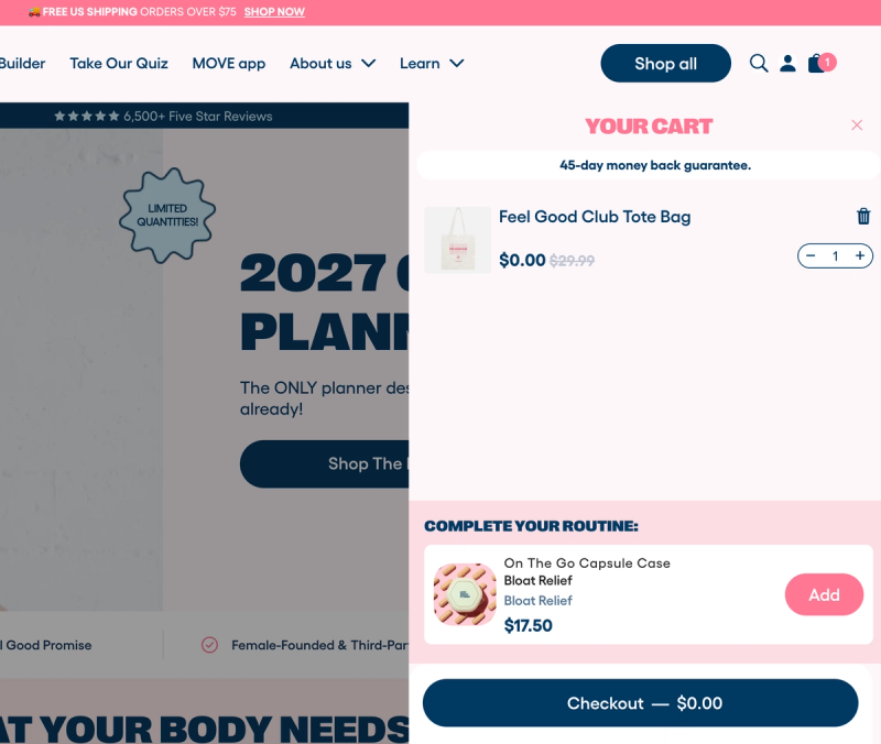 Love Sweat Fitness's Rebuy Smart Cart with a free Feel Good Club tote bag redeemed as a Mage loyalty reward at $0.00, and a Complete your routine upsell below it