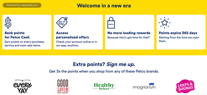 Petco Perks points panel: bank points for Petco Cash, personalized offers, no more loading rewards and points expire 365 days, with 3x points on Petco brands such as EveryYay, Good Lovin', Healthy Select, Imagitarium and Leaps & Bounds