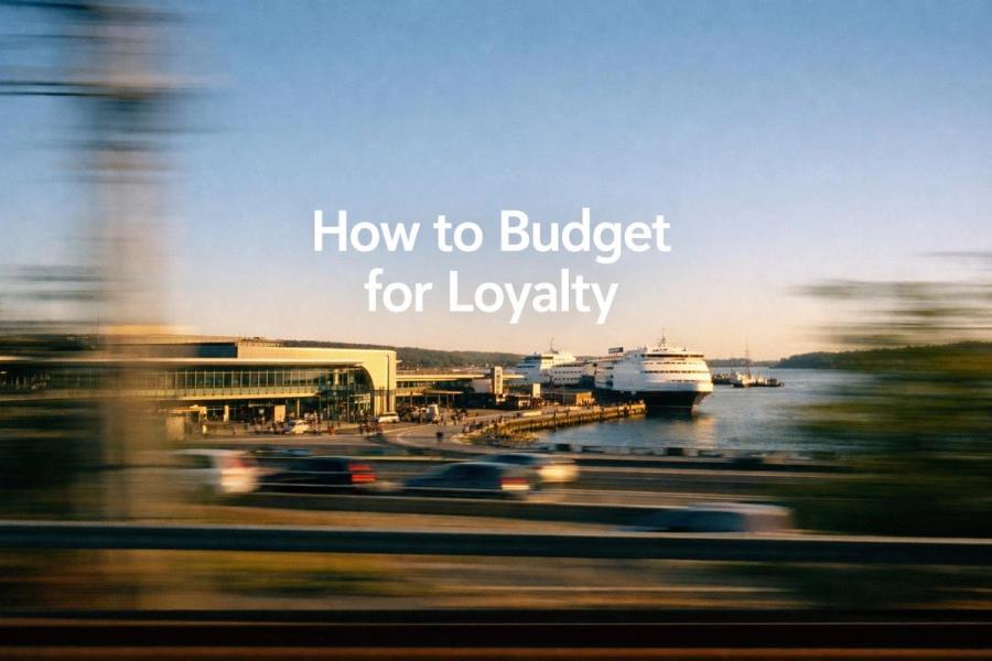 Minimalist landscape with article title "How to Budget for a Loyalty Program" displayed as text in the sky, illustrating a ho