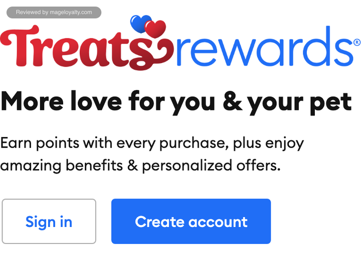 Treats Rewards page header: More love for you and your pet, earn points with every purchase, with Sign in and Create account buttons