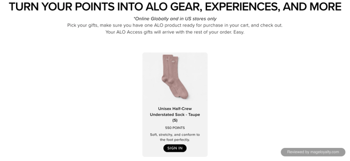 ALO Access Reward Shop showing a Unisex Half-Crew Understated Sock for 550 points