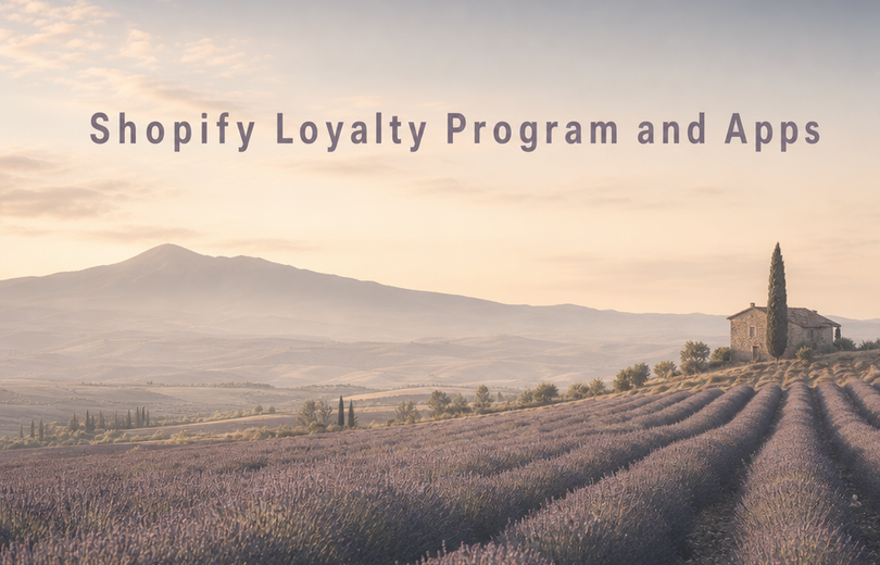 Minimalist landscape with "Does Shopify Have a Loyalty Program? (And the Best Apps to Build One)" text overlaid in the sky, r