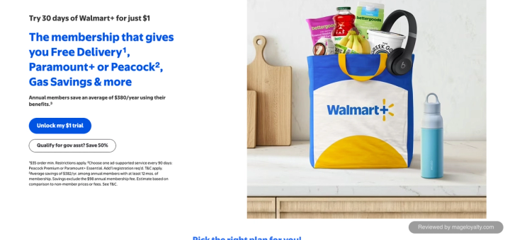 Walmart+ page: try 30 days for just $1, members can save $380 a year, and a 50% off membership for government assistance recipients and college students at $49 a year or $6.47 a month
