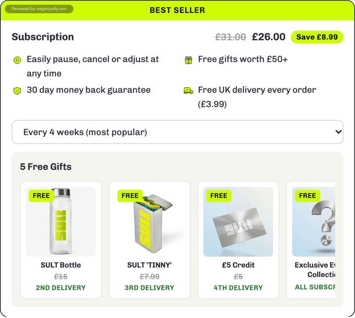 SULT's 5 Free Gifts panel showing the SULT Bottle on the 2nd delivery, the SULT 'TINNY' on the 3rd and £5 Credit on the 4th, each marked FREE