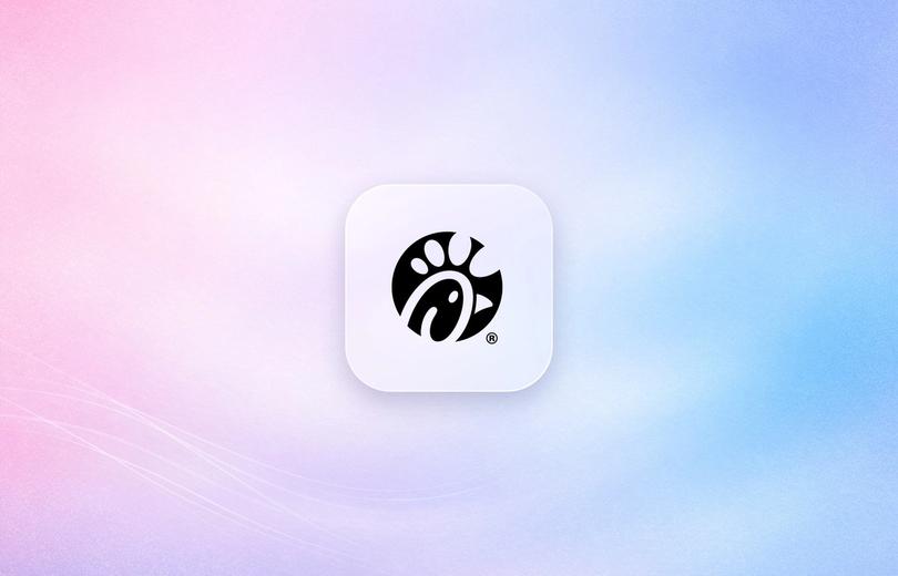 Chick-fil-A logo on a frosted glass tile over a soft lavender gradient