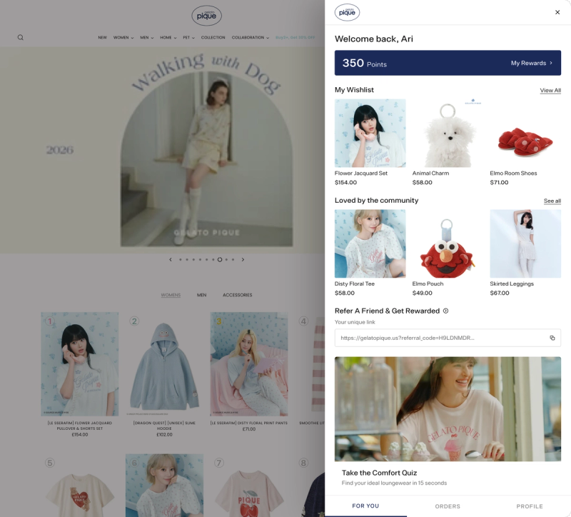 Gelato Pique sidebar with 350 points, wishlist, Loved by the community products, a referral link, and a quiz promo card