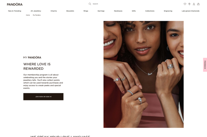 Pandora My Pandora loyalty page with the headline Where Love Is Rewarded and a Join Now or Sign In button