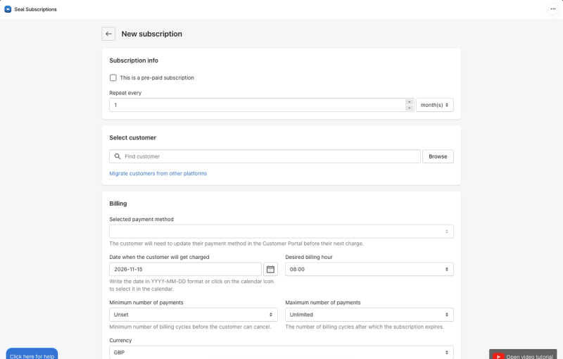 Seal new subscription form with prepaid and frequency options, a link to migrate customers from other platforms, and billing settings for charge date, billing hour and minimum and maximum payments