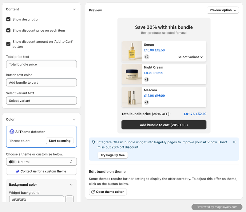 BOGOS bundle widget settings with content toggles, an AI Theme detector that scans the store's colours, theme presets and background colour settings, beside a preview of a three-product bundle