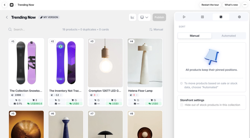 Depict sort settings for a collection, with manual and automated modes, pinned positions and an option to hide out-of-stock products