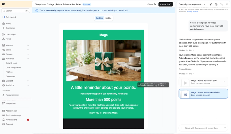 Klaviyo Composer showing the prompt, the steps it took, and the proposed campaign and email template for customers with more than 500 points