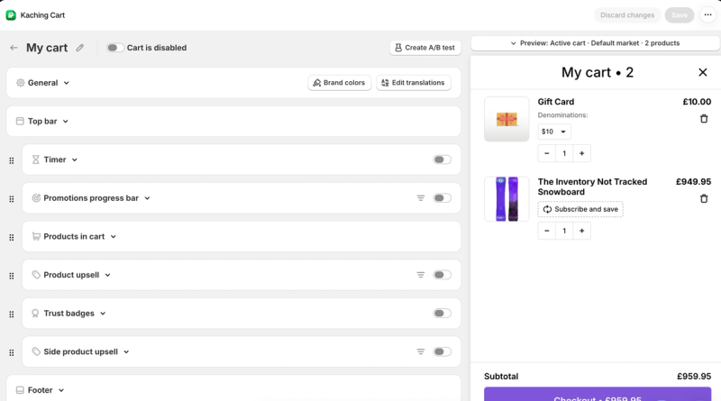 Kaching Cart editor with drag-and-drop modules for a timer, promotions progress bar, products in cart, product upsell, trust badges and a side upsell, beside a live preview of the cart