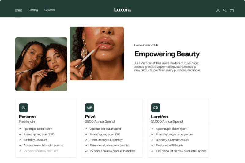 Beauty brand rewards page with three VIP tier cards: Reserve (free), Privé ($500 spend), and Lumière ($1,000 spend)