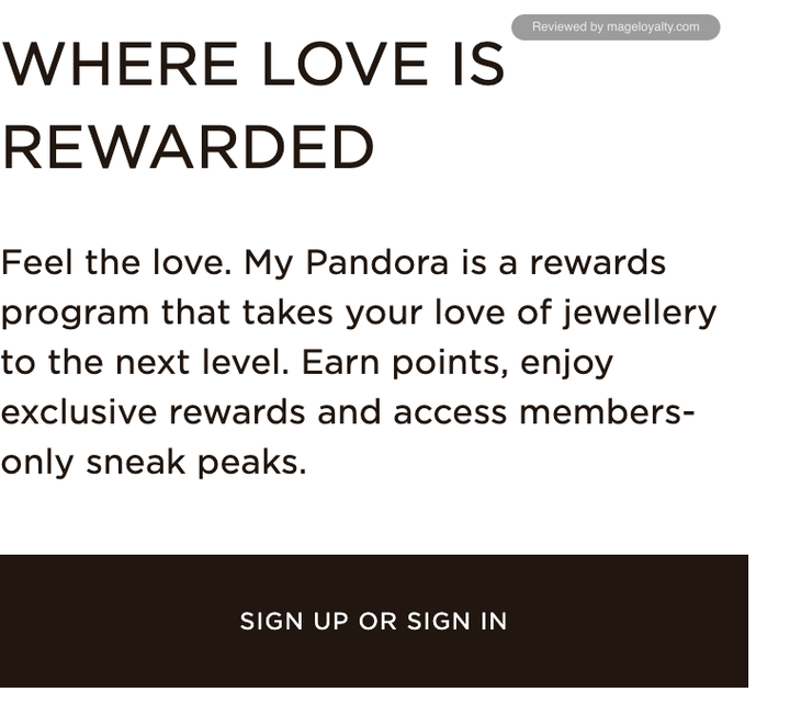 My Pandora page header: Where love is rewarded, with a Sign up or sign in button