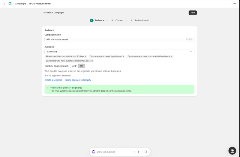 Judge.me Email's campaign audience step with four Shopify customer segments selected and combined with OR