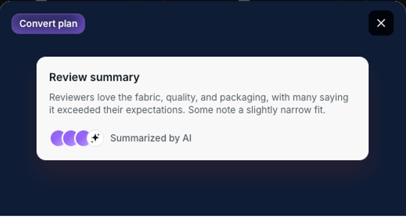 Loox AI review summary describing what reviewers say about fabric, quality, packaging and fit