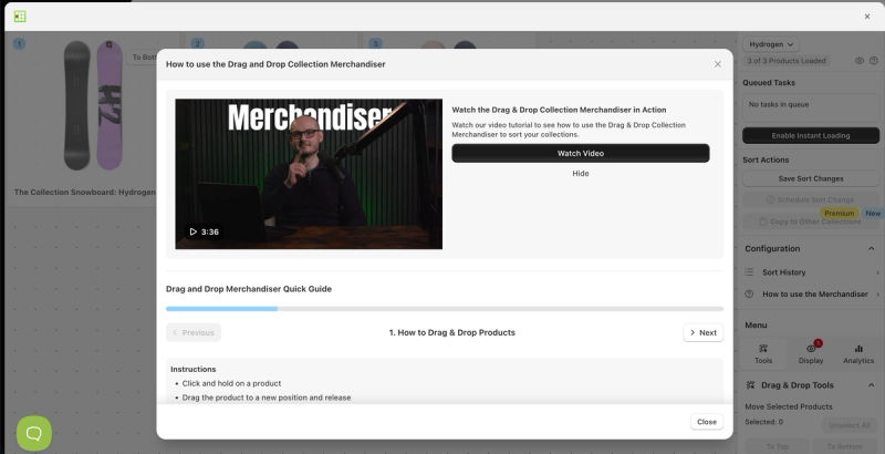 Sort'd tutorial window with the founder's video on using the drag and drop collection merchandiser and a step-by-step quick guide