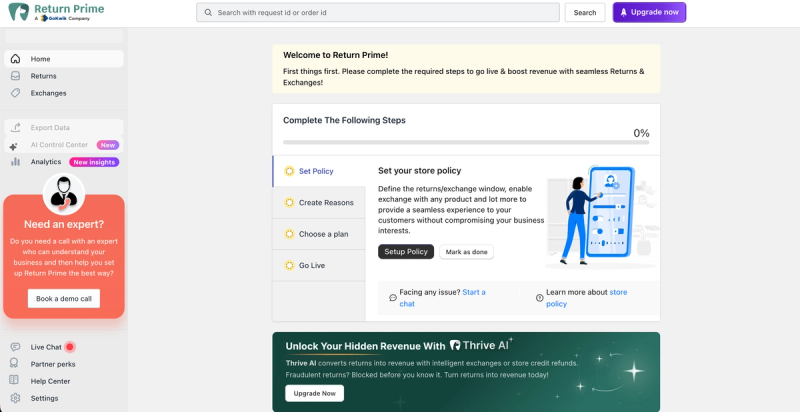 Return Prime's home page with a four-step setup checklist (set policy, create reasons, choose a plan, go live), an offer to book a call with an expert and live chat