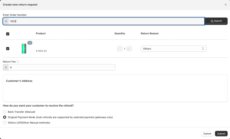 Return Prime's Create new return request screen with the order's item, a return reason, a return fee, and refund options for original payment, bank transfer or other manual methods