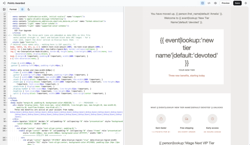 Klaviyo's code editor with the HTML of a VIP tier upgrade email on the left and the live preview on the right, showing the new tier name and three tier benefits