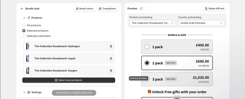 Kaching Bundles quantity breaks for one, two and three packs with savings badges and an Unlock free gifts with your order block