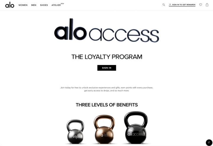 Alo Access loyalty program page showing the Alo Access logo, The Loyalty Program headline and three benefit tiers