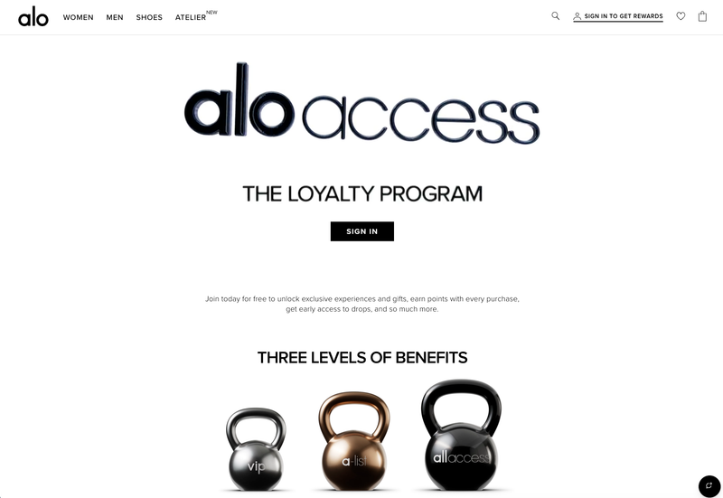 Alo Access loyalty program page showing the Alo Access logo, The Loyalty Program headline and three benefit tiers